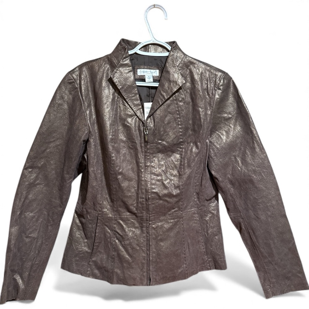 Coldwater Creek Women's Brown And Gold Leather Zip Jacket